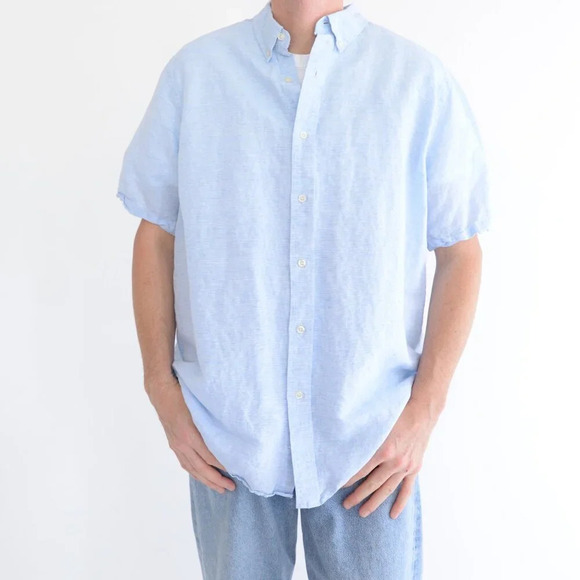 Chaps Sky Blue  52% Linen Button Down Short Sleeve Dress Shirt Size XL - Picture 1 of 10
